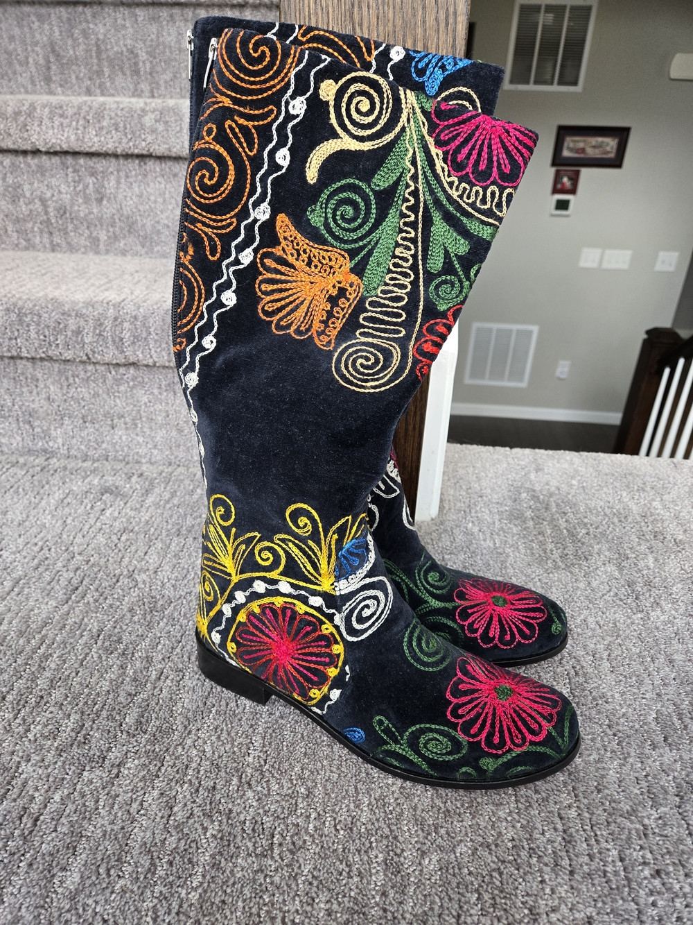 Suzani Handmade Black Velvet Knee-High Boots  Embroidered Floral Design US 10